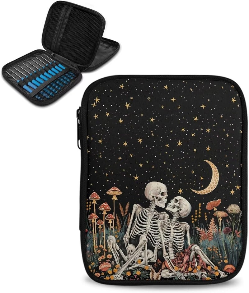Xsehusvy Skeleton Crochet Hooks Case Portable Zipper Bags Lightweight Travel Storage Bag Organizer with Web Pocket and Elastic Slots for Knitting Needles Good Gifts for Sewing Fans - Image 1